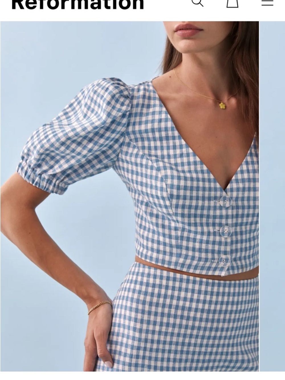 Reformation Ethel Two Piece Set Blue Gingham Mini Skirt Puff sleeve crop top 12 - Picture 2 of 15